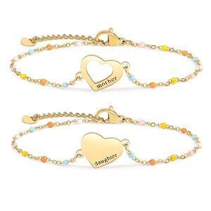 Mother Daughter Bracelets Set,18K Gold Plated Stainless Steel Heart Jewelry